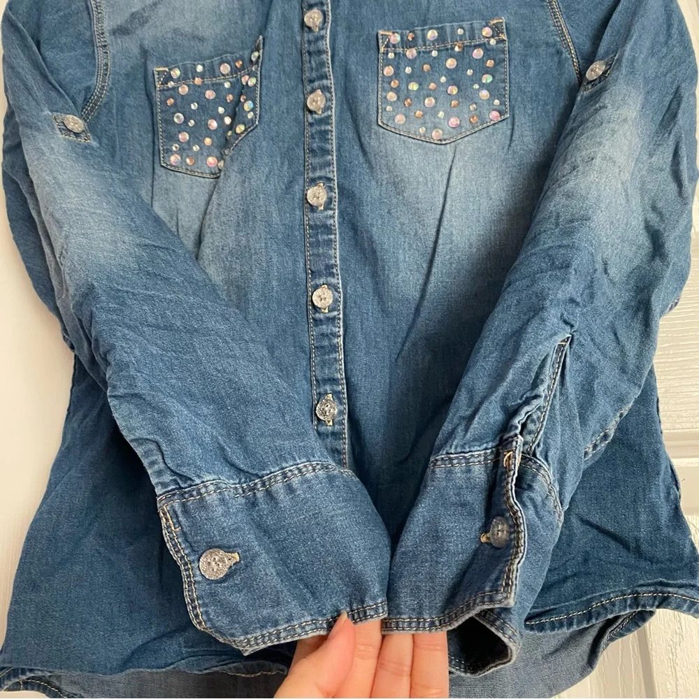 Justice Girls Jean Button Down Top Gem Embellished Pockets Size 8 Blue Silver